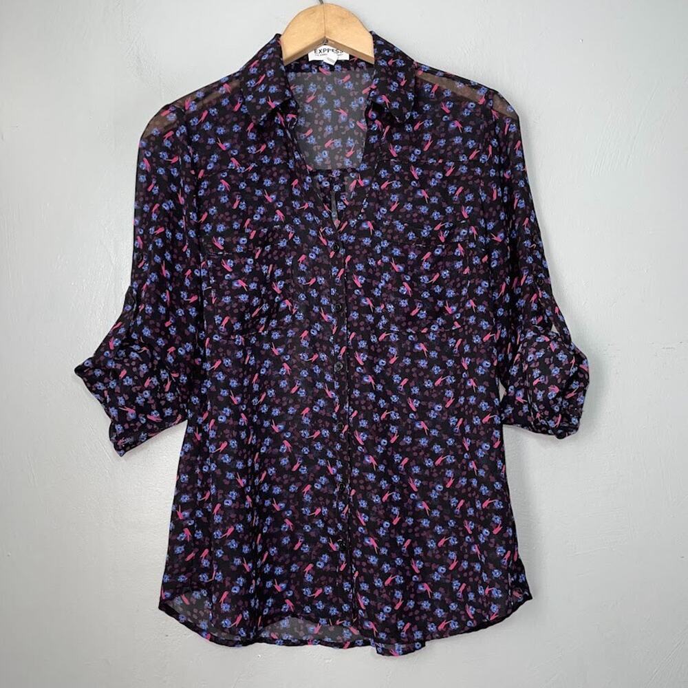 Express The Portofino Shirt Size Small Bird Floral Print Blouse Sheer Novelty